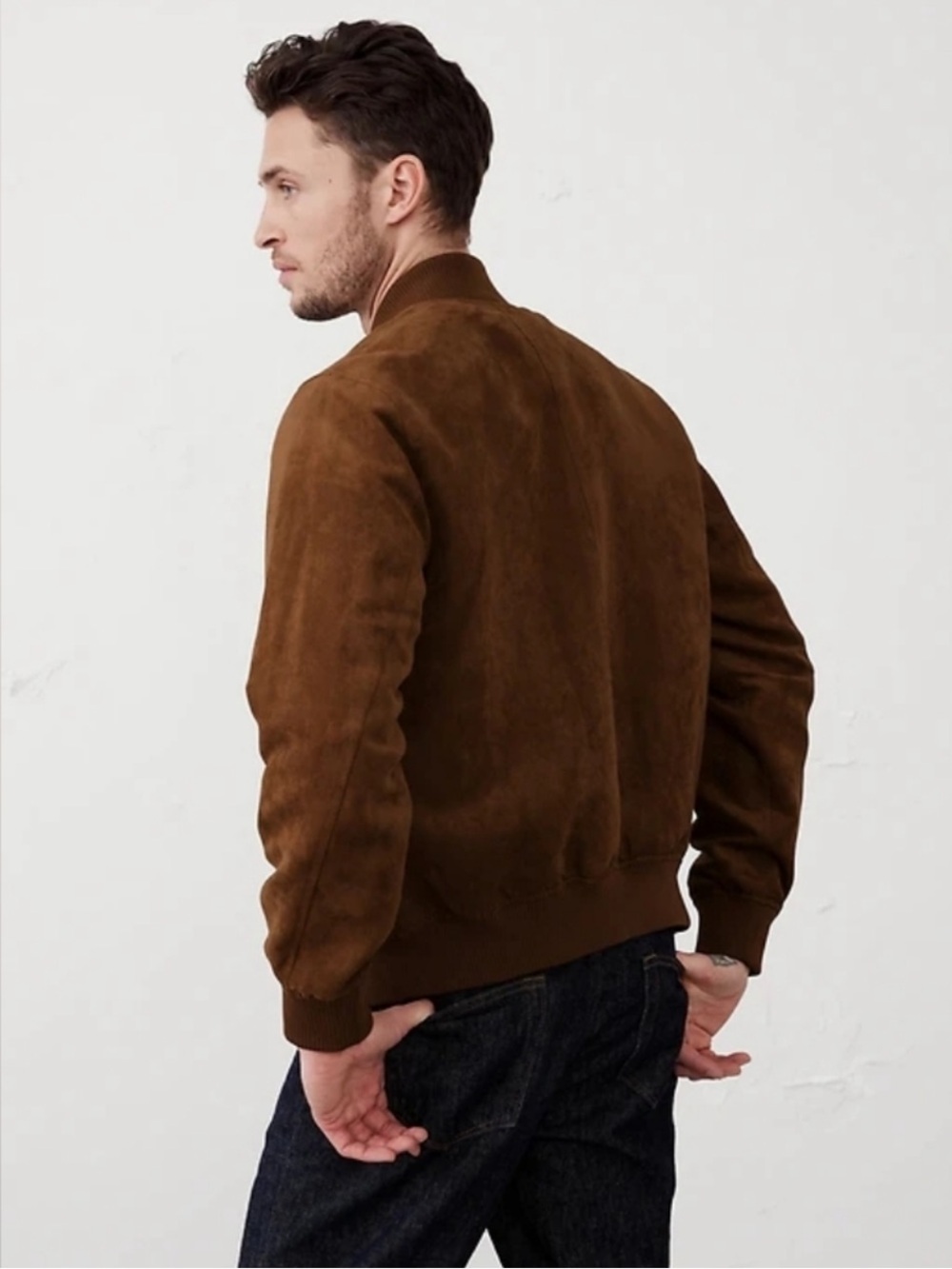 Banana Republic Factory Vegan Suede Bomber Jacket Men’s Large Dark Acorn - Picture 6 of 9